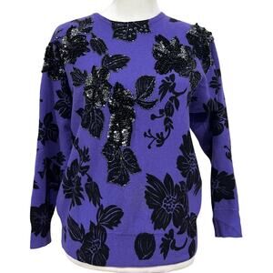 Vintage P.A. International Sweater purple Black Sequin Beaded Lambswool Sz S.
